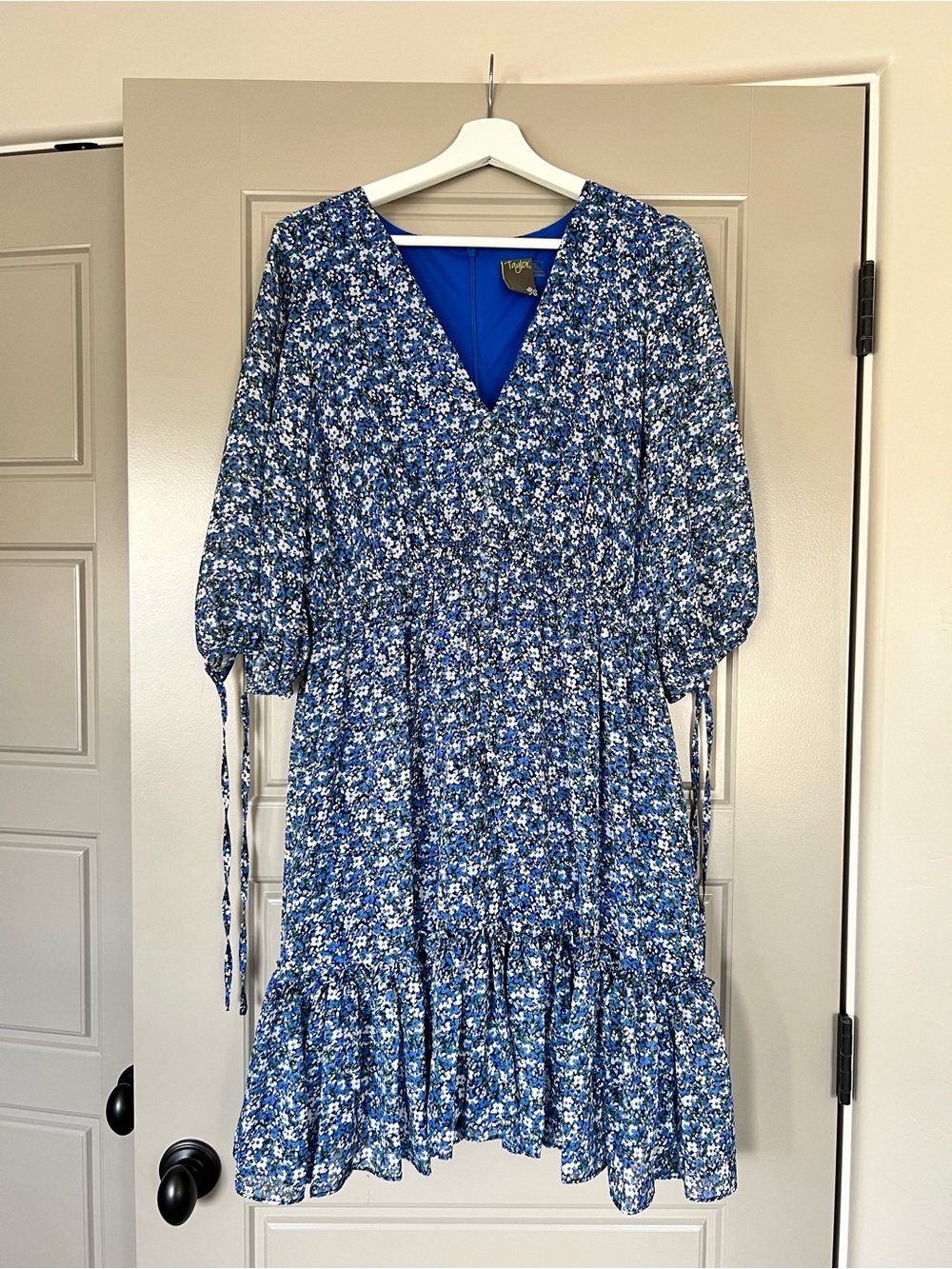 Taylor Blue Floral Midi Dress with Smocked Waist